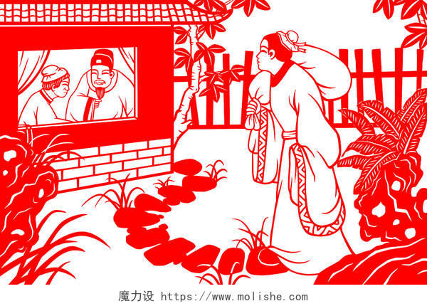 中国风剪纸二十四孝故事百里负米插画素材中国风